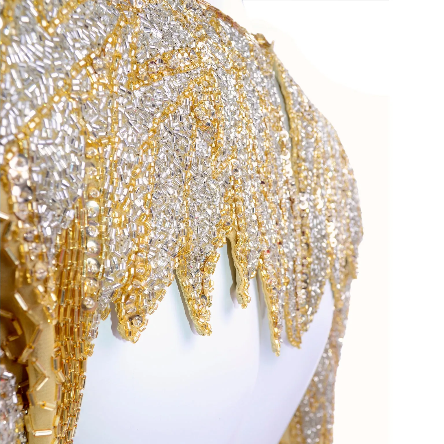 1980s Fully Beaded Gold Vintage Evening Dress w/ Open Cutout Back