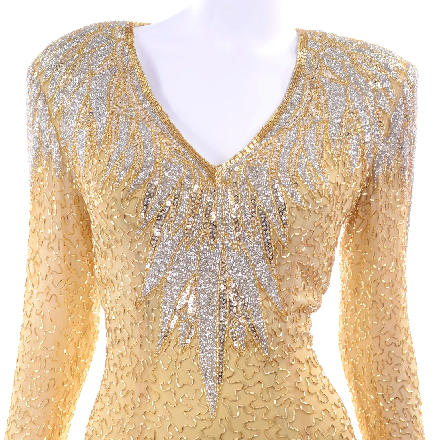 1980s Fully Beaded Gold Vintage Evening Dress w/ Open Cutout Back