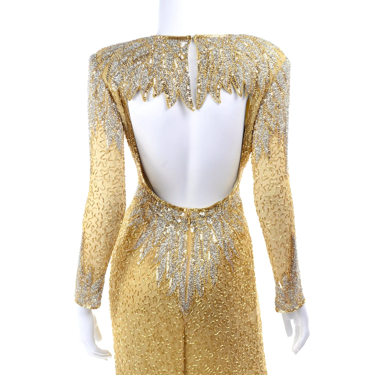 1980s Fully Beaded Gold Vintage Evening Dress w/ Open Cutout Back