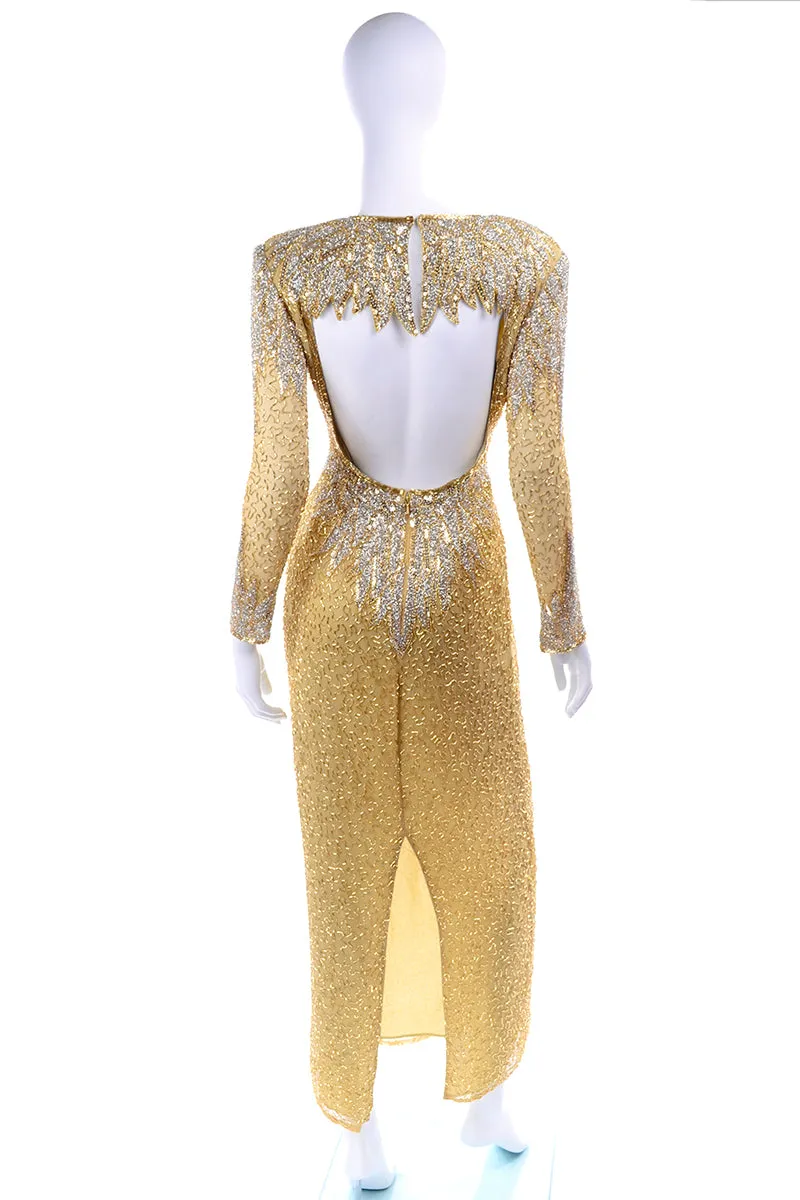 1980s Fully Beaded Gold Vintage Evening Dress w/ Open Cutout Back