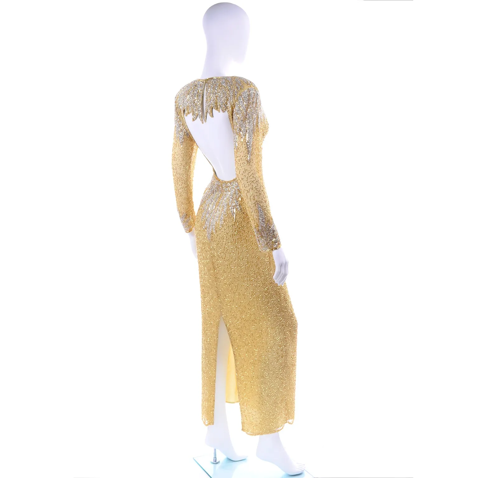 1980s Fully Beaded Gold Vintage Evening Dress w/ Open Cutout Back
