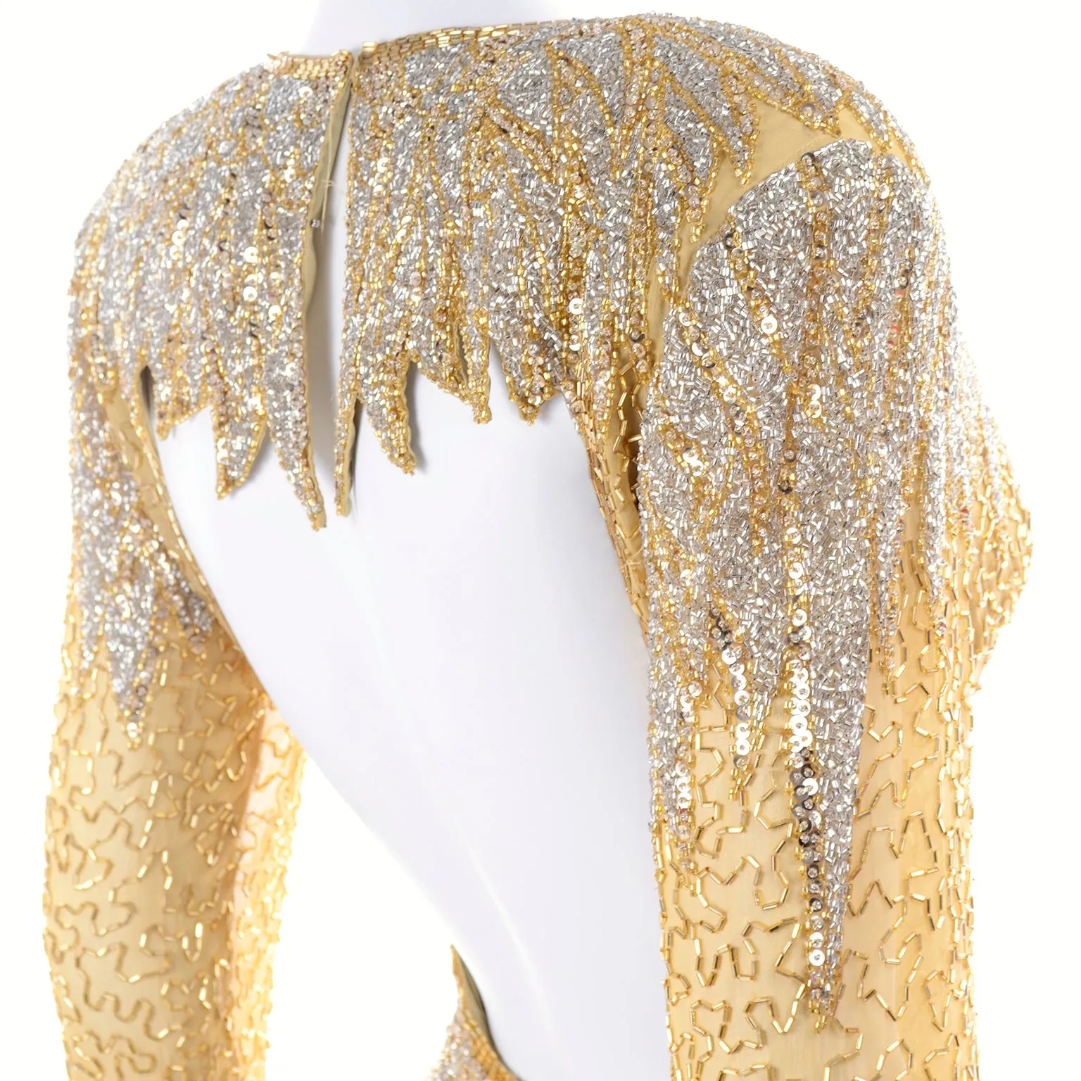 1980s Fully Beaded Gold Vintage Evening Dress w/ Open Cutout Back