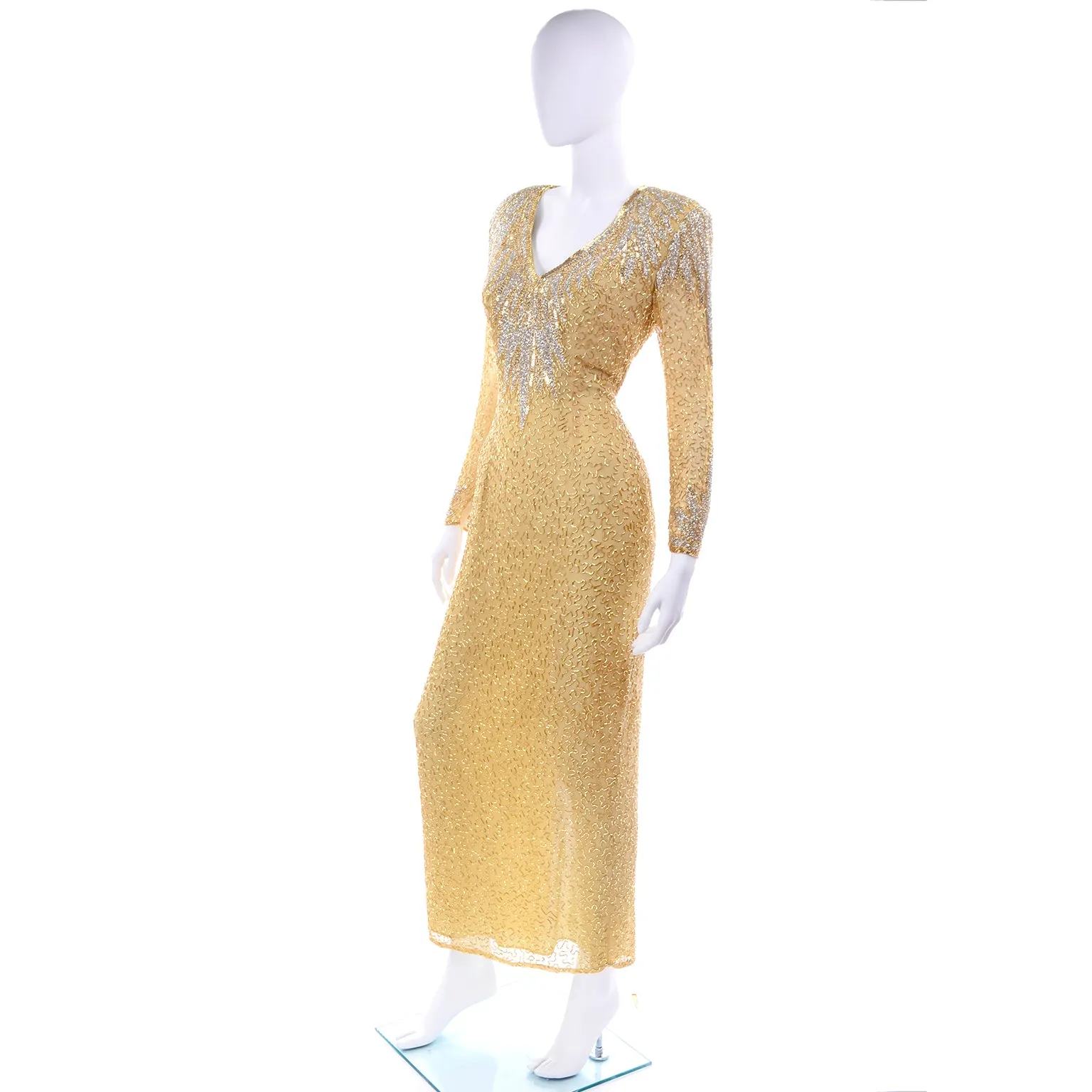 1980s Fully Beaded Gold Vintage Evening Dress w/ Open Cutout Back