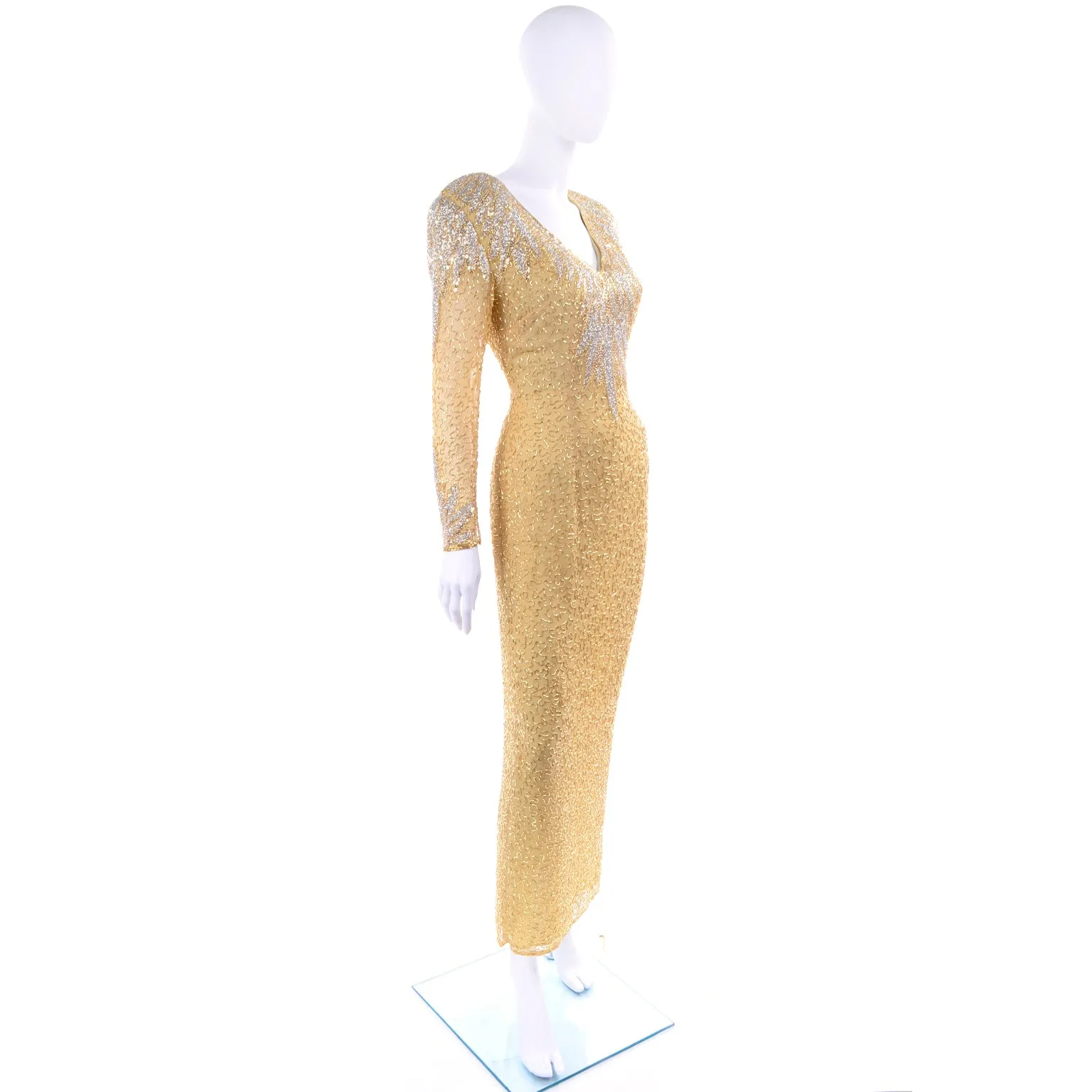 1980s Fully Beaded Gold Vintage Evening Dress w/ Open Cutout Back