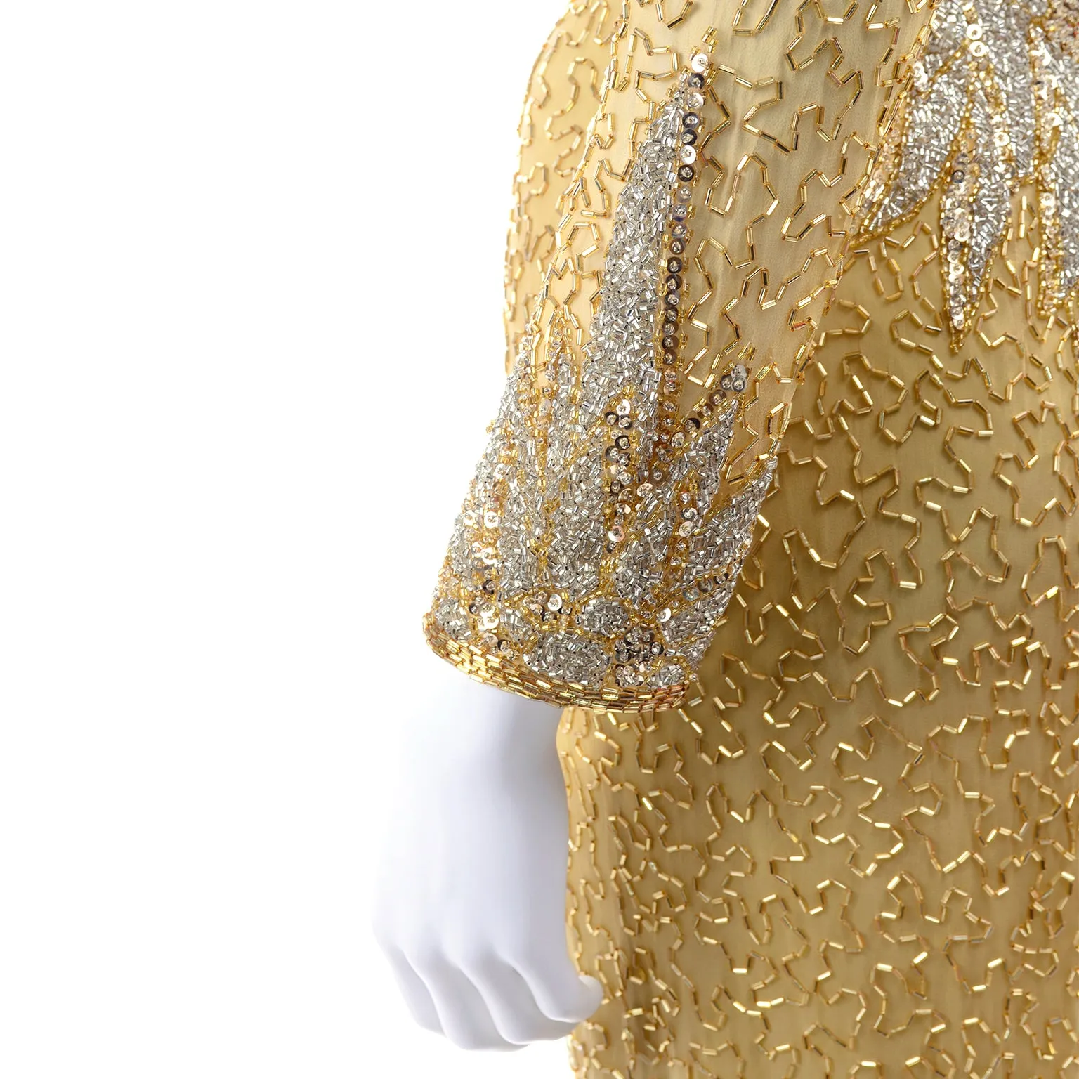 1980s Fully Beaded Gold Vintage Evening Dress w/ Open Cutout Back