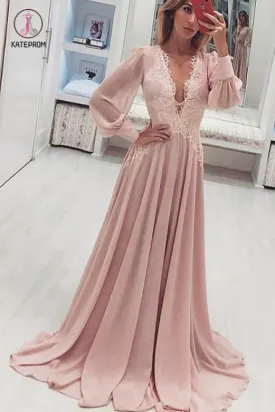 A-Line Deep V-Neck Long Pink Prom Dress with Appliques Long Sleeves Evening Dress KPP0706