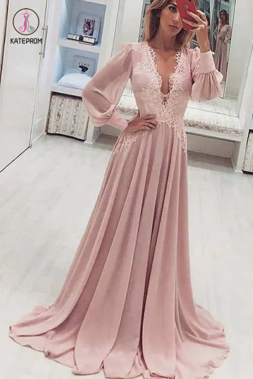 A-Line Deep V-Neck Long Pink Prom Dress with Appliques Long Sleeves Evening Dress KPP0706