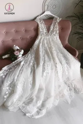 A Line Ivory Deep V Neck Appliques Long Wedding Dresses, Cap Sleeve Beach Wedding Dress KPW0543