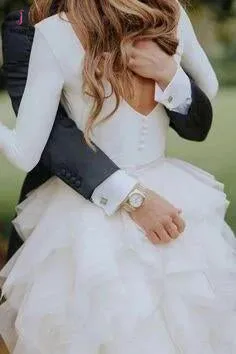 A-Line Ivory Sweep Train Tulle Long Sleeves Beach Wedding Dresses with Ruffles KPW0259