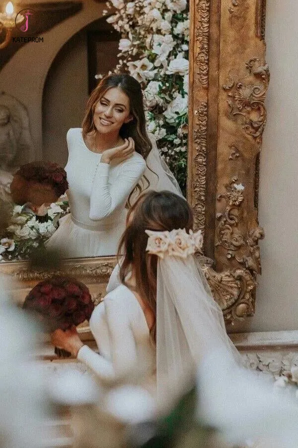 A-Line Ivory Sweep Train Tulle Long Sleeves Beach Wedding Dresses with Ruffles KPW0259