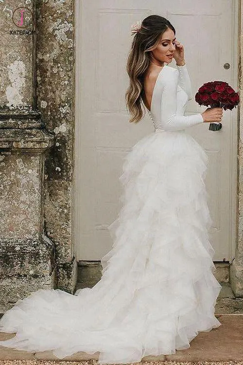A-Line Ivory Sweep Train Tulle Long Sleeves Beach Wedding Dresses with Ruffles KPW0259
