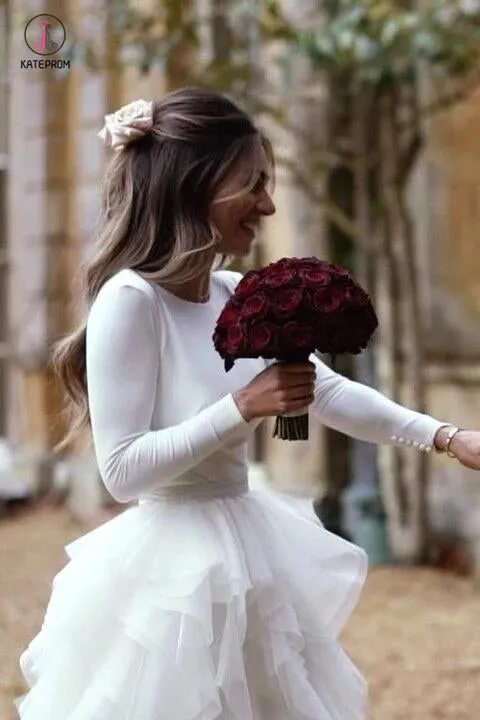 A-Line Ivory Sweep Train Tulle Long Sleeves Beach Wedding Dresses with Ruffles KPW0259