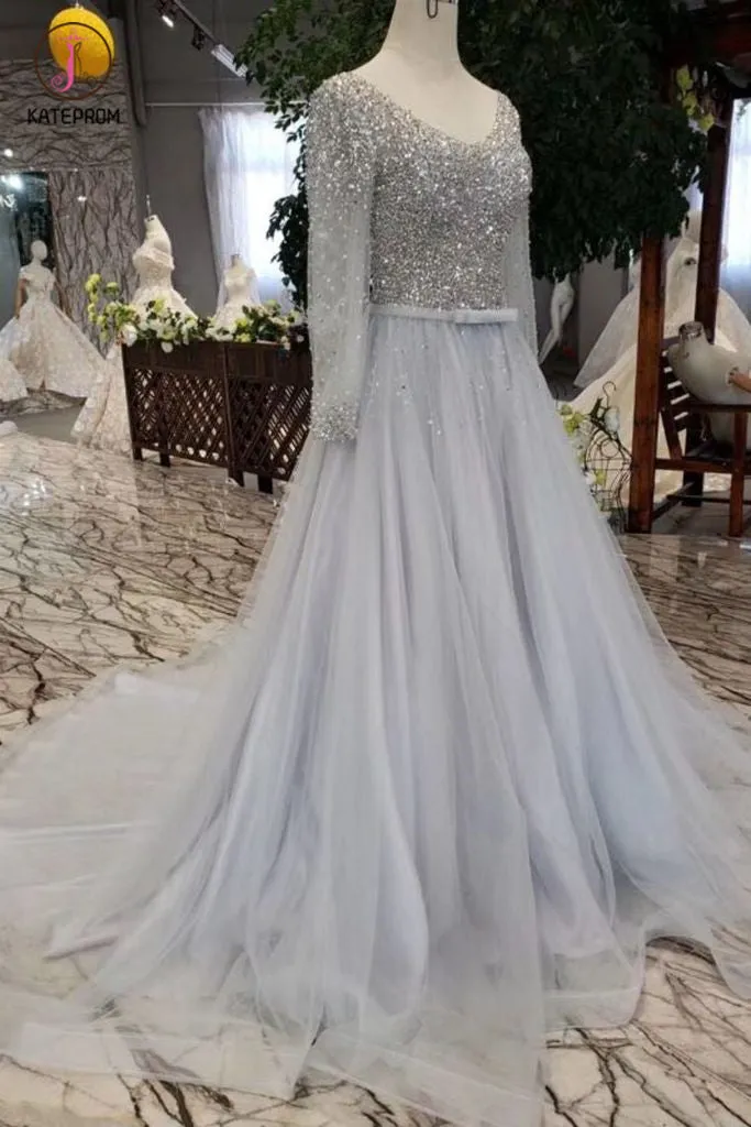 A Line Long Sleeves Tulle Prom Dress with Sequins, Sparkly V Neck Evening Dresses KPP0859