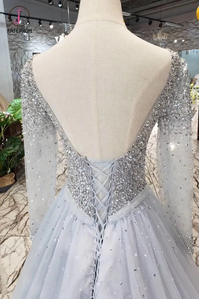 A Line Long Sleeves Tulle Prom Dress with Sequins, Sparkly V Neck Evening Dresses KPP0859