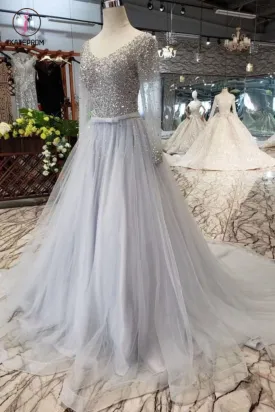 A Line Long Sleeves Tulle Prom Dress with Sequins, Sparkly V Neck Evening Dresses KPP0859