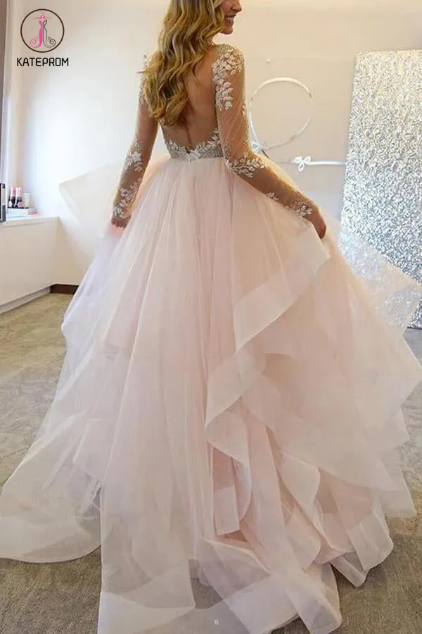 A-Line Long Sleeves Tulle Sheer Neck Wedding Dresses With Appliques,Sexy Bridal Gown KPW0085