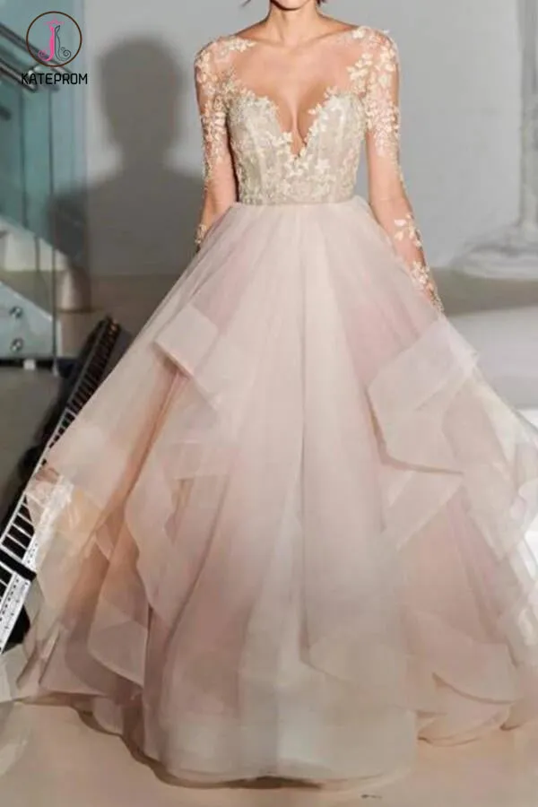 A-Line Long Sleeves Tulle Sheer Neck Wedding Dresses With Appliques,Sexy Bridal Gown KPW0085