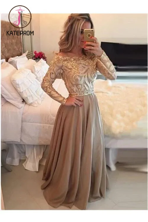 A-Line Sheer Neckline Long Prom Dresses,Floor Length Long Sleeves Evening Dress KPP0126