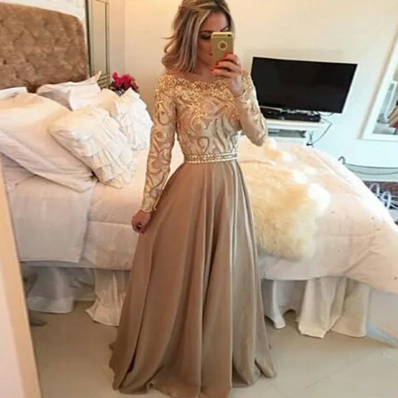 A-Line Sheer Neckline Long Prom Dresses,Floor Length Long Sleeves Evening Dress KPP0126