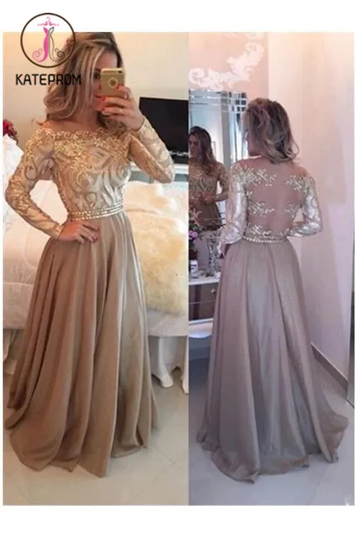 A-Line Sheer Neckline Long Prom Dresses,Floor Length Long Sleeves Evening Dress KPP0126