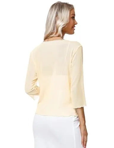 Aiboria Womens 3/4 Sleeve Sheer Shrugs Tie Front Bolero Cropped Cardigan Short Shawl Tops Green Medium
