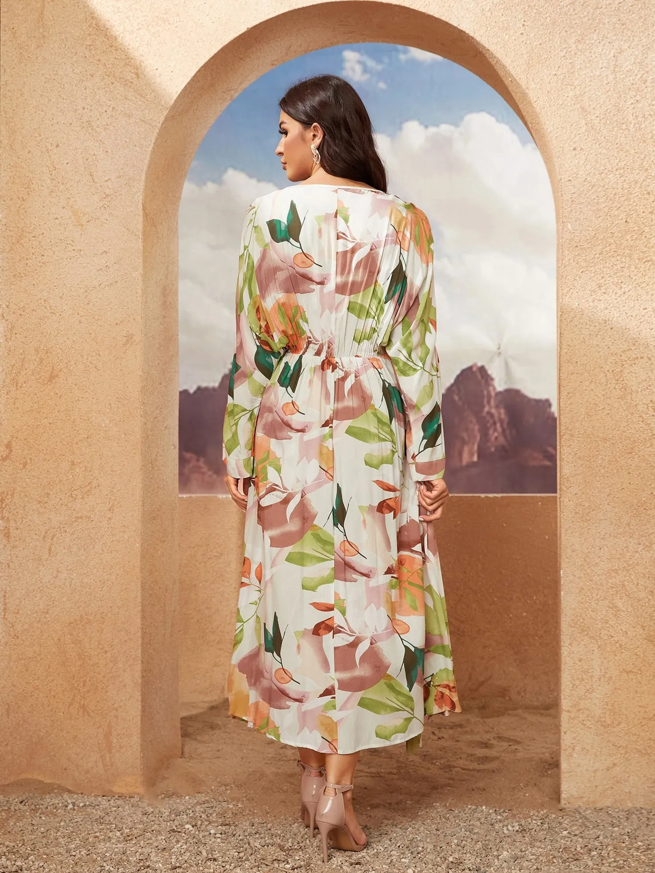 All Over Print Long Sleeve Deep V Neck Flared High Waist Long Dress