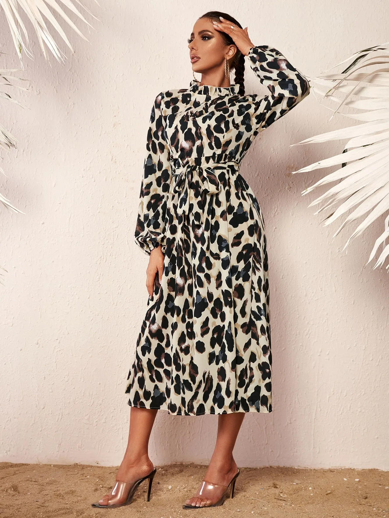 All Over Print Ruffle Neck Long Sleeve Stand Collar Flared High Waist Long Dress