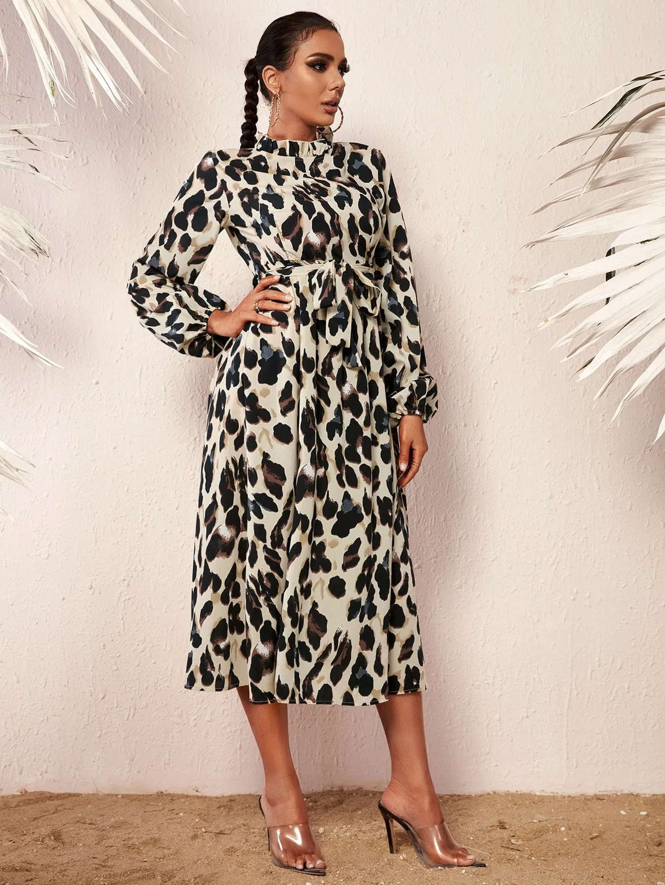 All Over Print Ruffle Neck Long Sleeve Stand Collar Flared High Waist Long Dress