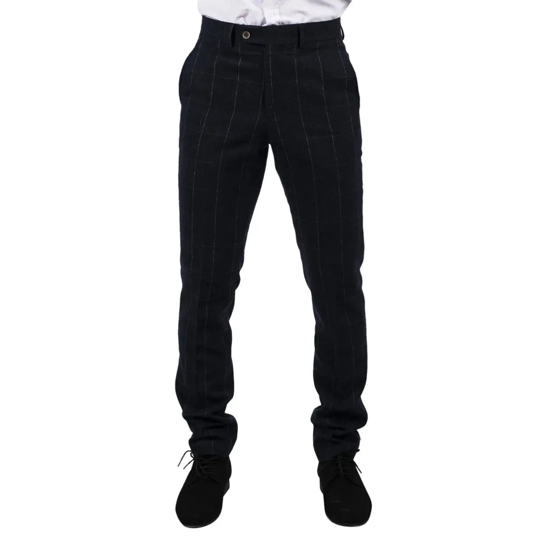 Angels - Men's Navy Check Trousers Wool Tweed Classic 1920s Wedding