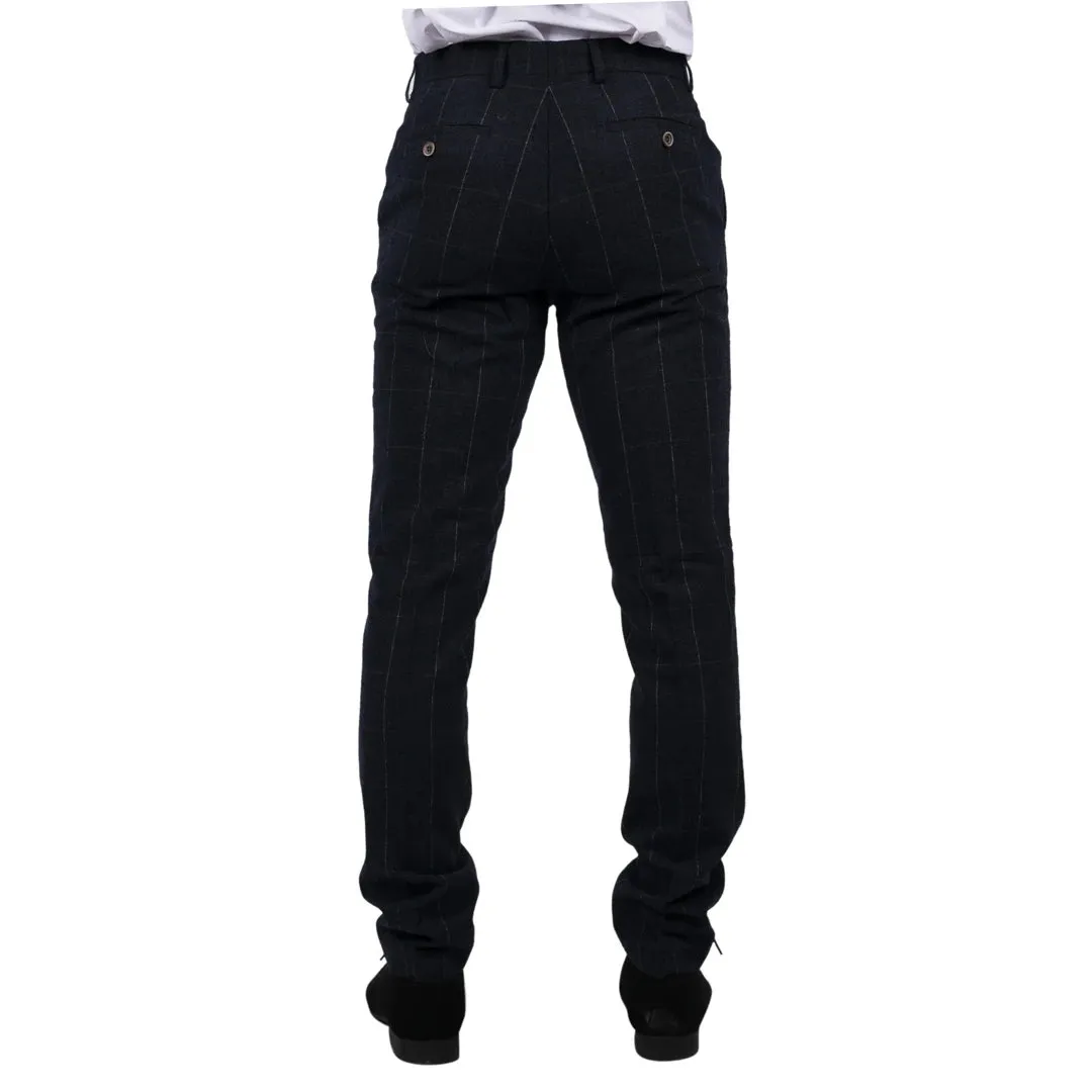 Angels - Men's Navy Check Trousers Wool Tweed Classic 1920s Wedding