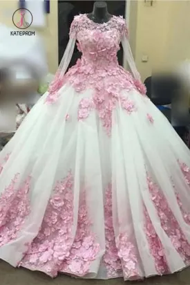 Ball Gown New Style Long Sleeve Tulle Prom Dress with Pink Flowers, Ivory Wedding Dress KPW0284