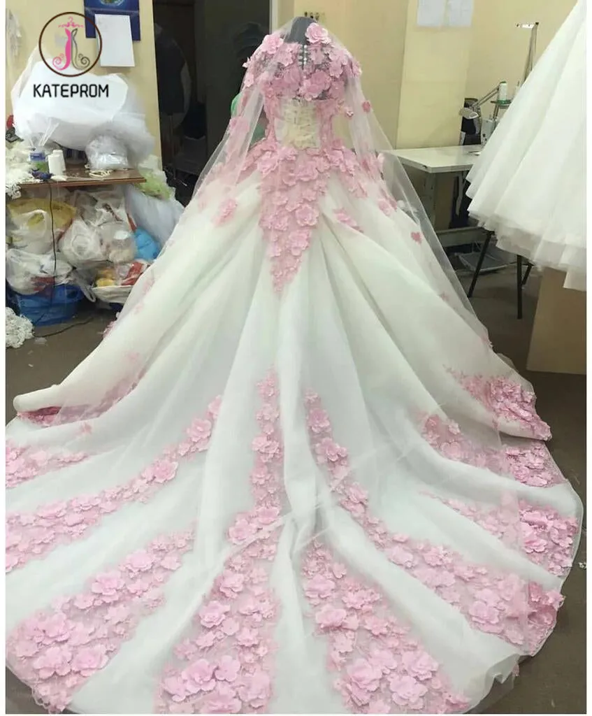 Ball Gown New Style Long Sleeve Tulle Prom Dress with Pink Flowers, Ivory Wedding Dress KPW0284