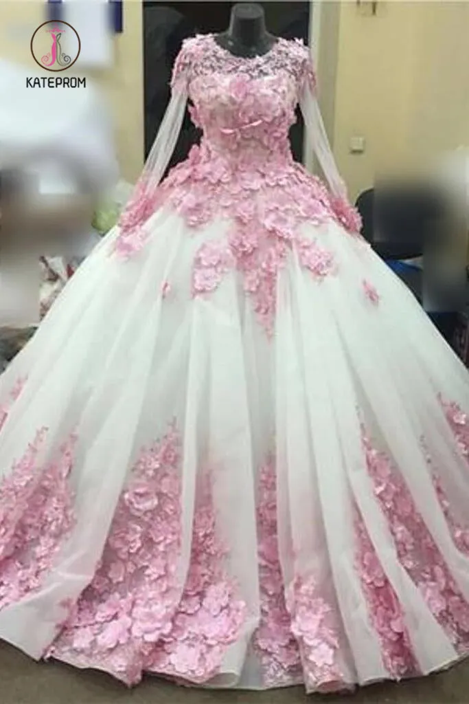 Ball Gown New Style Long Sleeve Tulle Prom Dress with Pink Flowers, Ivory Wedding Dress KPW0284