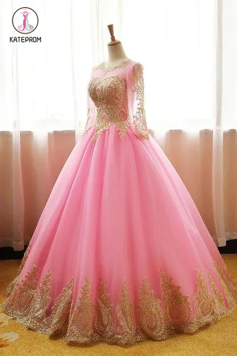 Ball Gown Pink Tulle Prom Dress with Gold Appliques, Long Sleeves Quinceanera Dress KPP0563
