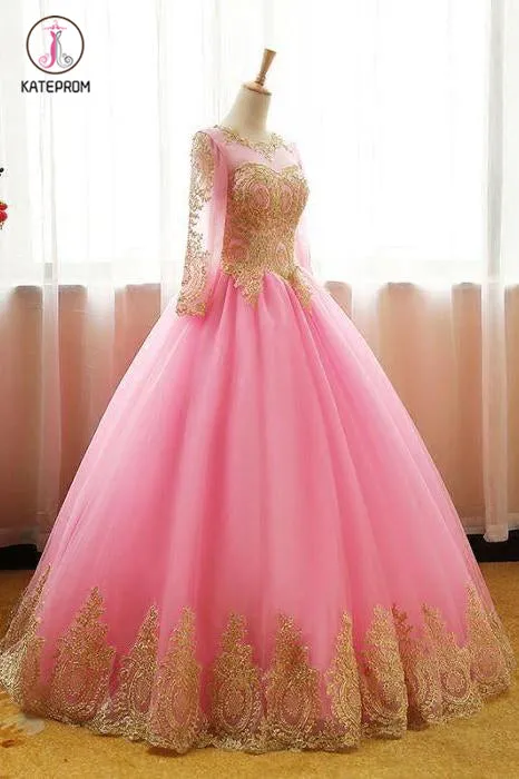 Ball Gown Pink Tulle Prom Dress with Gold Appliques, Long Sleeves Quinceanera Dress KPP0563