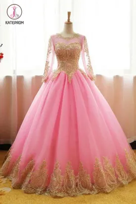 Ball Gown Pink Tulle Prom Dress with Gold Appliques, Long Sleeves Quinceanera Dress KPP0563