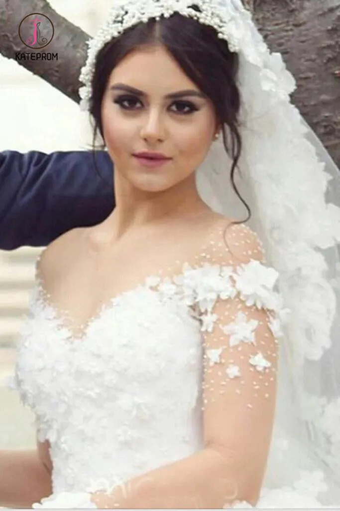 Ball Gown Sheer Neck Long Wedding Dress with Flowers, Long Sleeves Puffy Bridal Dress KPW0428