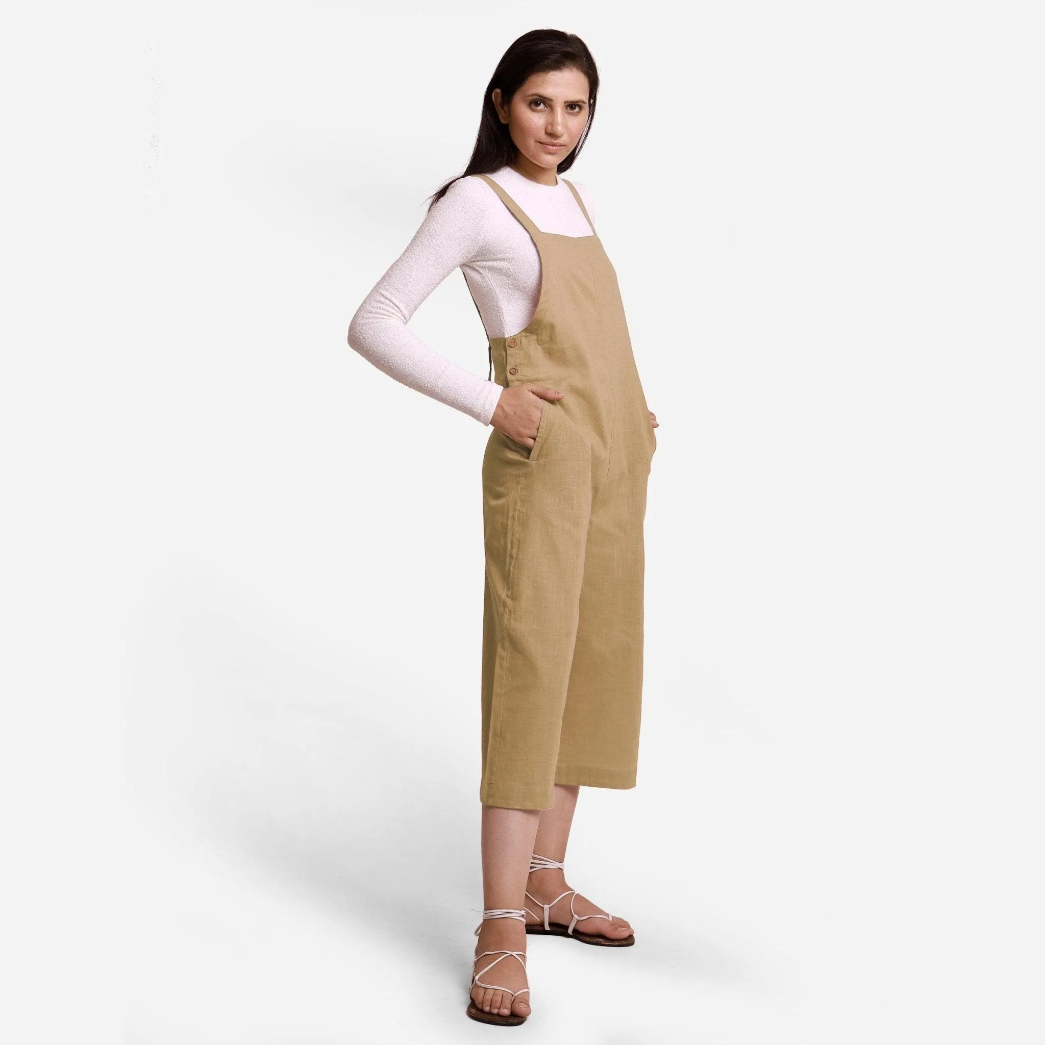 Beige Cotton Pinafore Midi Dungaree Jumpsuit