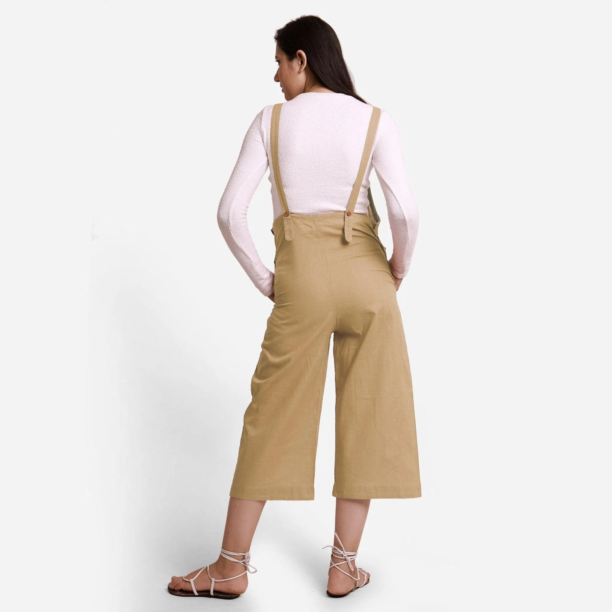 Beige Cotton Pinafore Midi Dungaree Jumpsuit