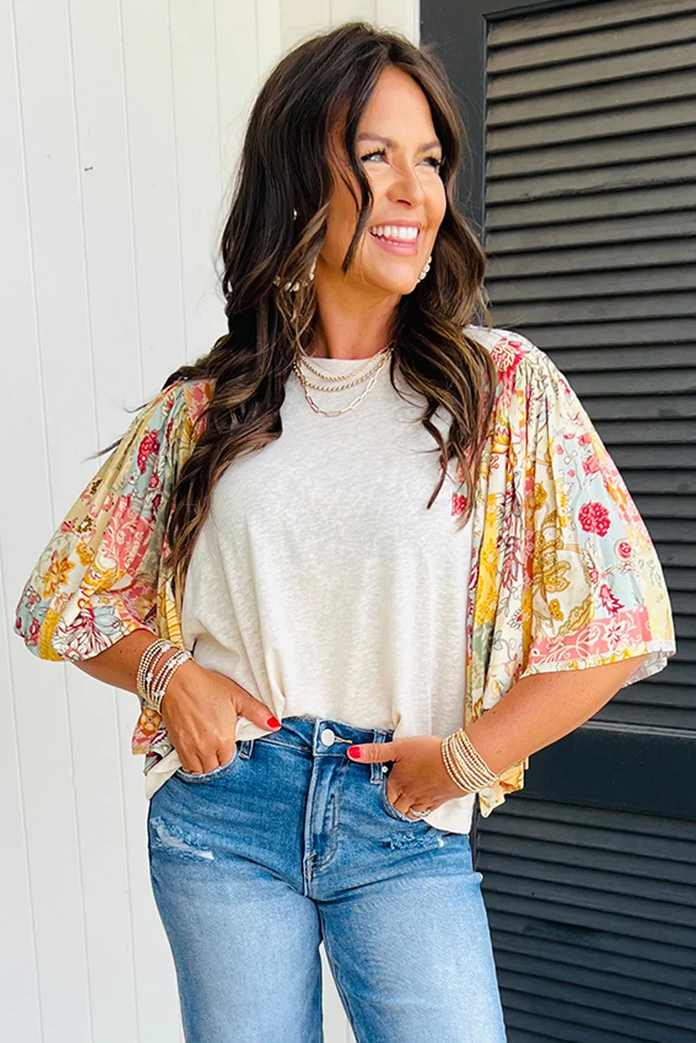 Beige Floral Patchwork Batwing Sleeve Blouse