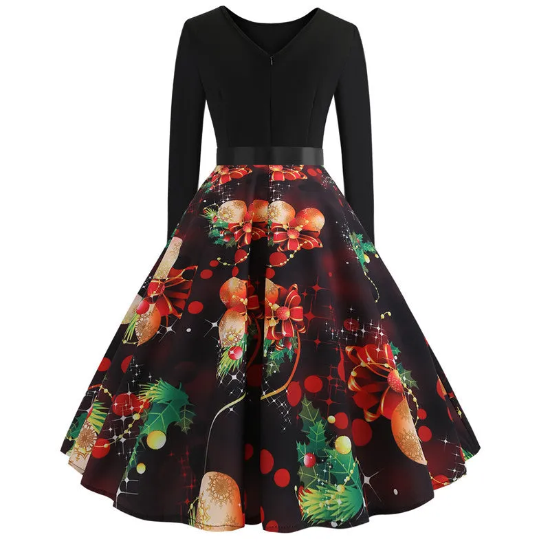 Black Christmas Printed Long Sleeve Dress
