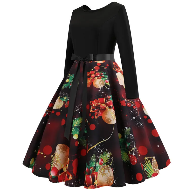 Black Christmas Printed Long Sleeve Dress