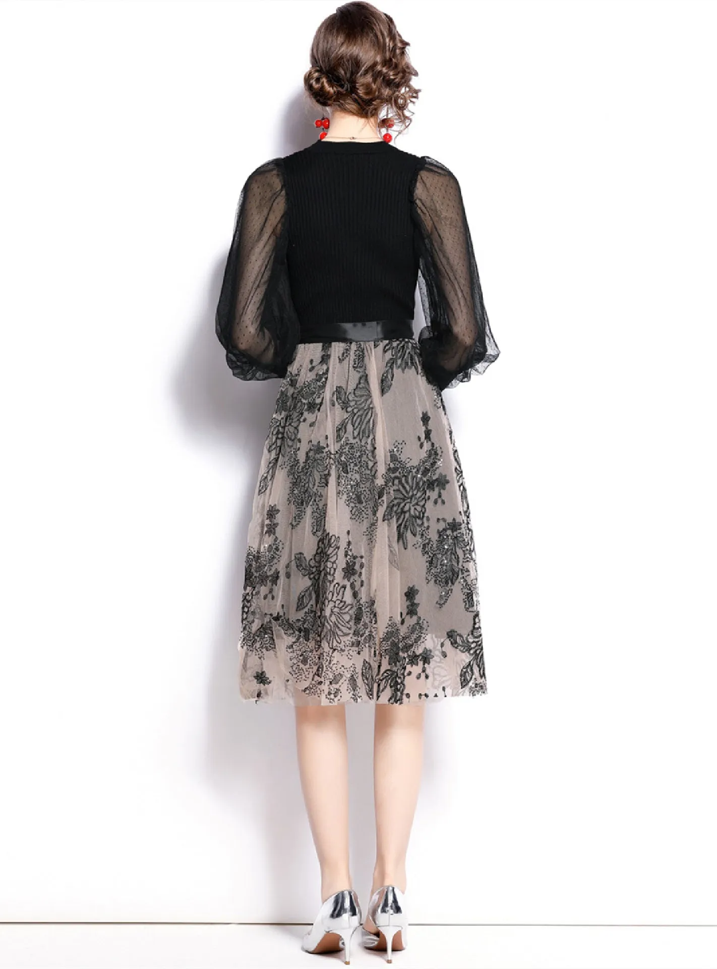 Black Mesh Stitching Long Sleeve Dress