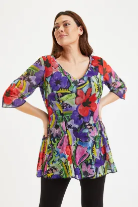 Black Red Poppy V Neck Tunic