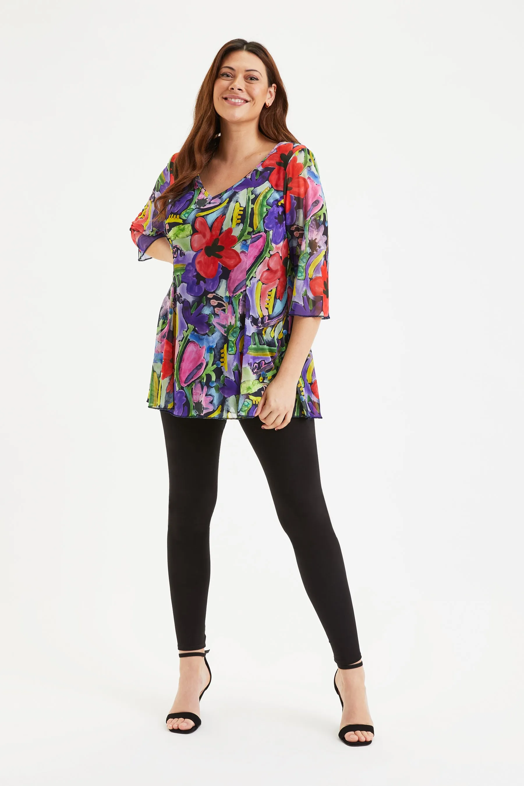 Black Red Poppy V Neck Tunic