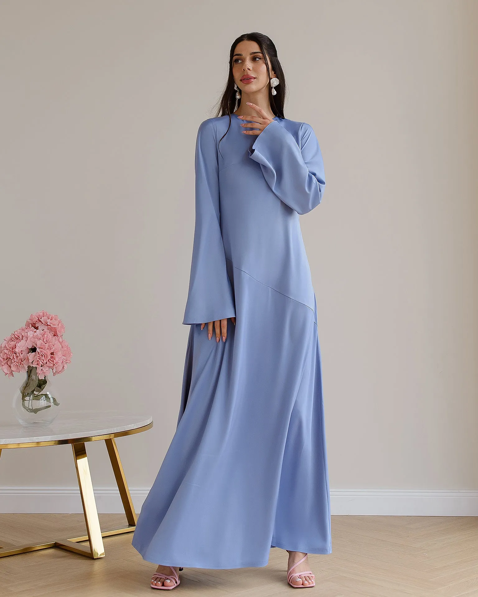 Blue Satin Backless Maxi Dress