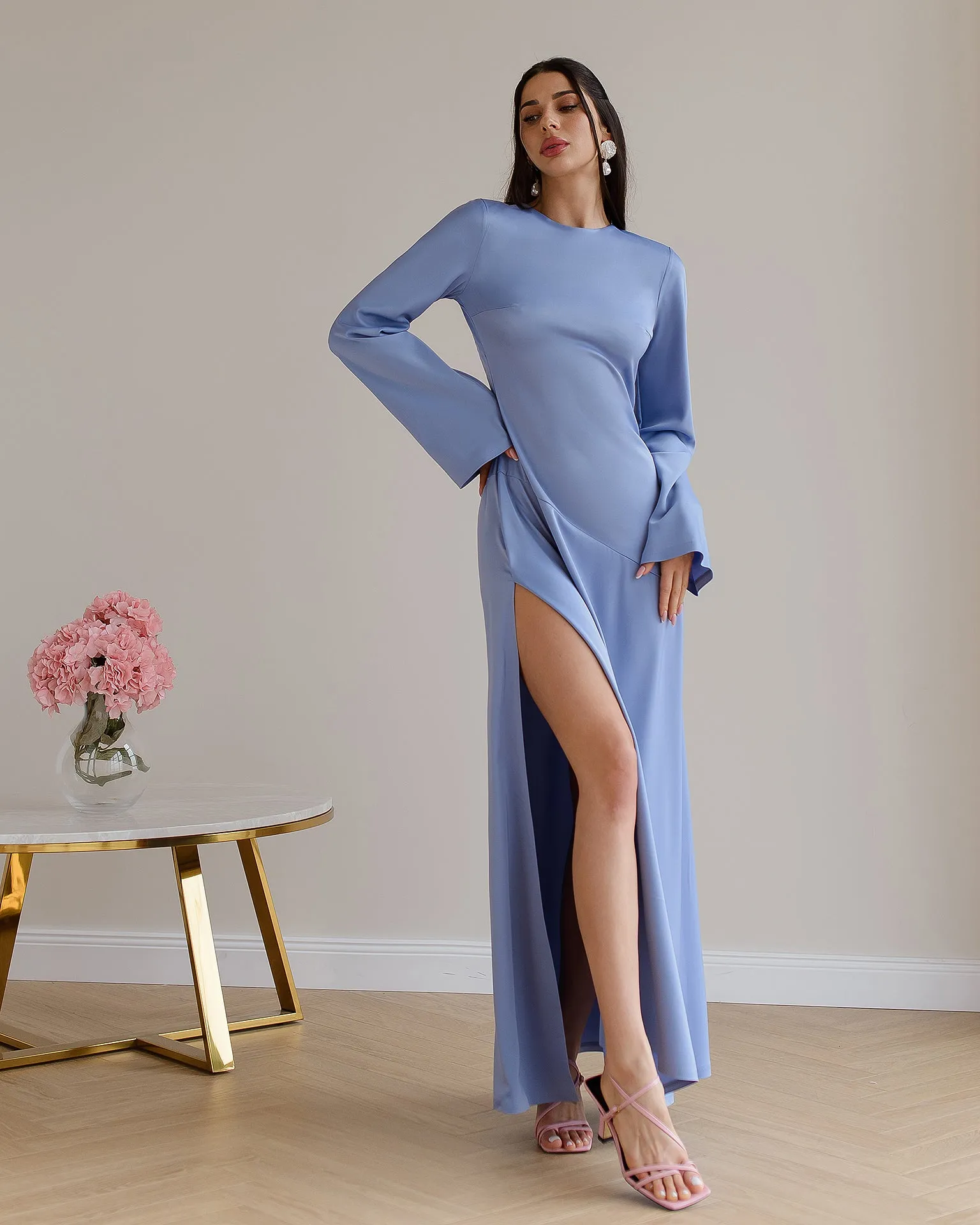 Blue Satin Backless Maxi Dress