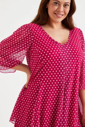 Cerise Spot Pleated V Neck Tunic