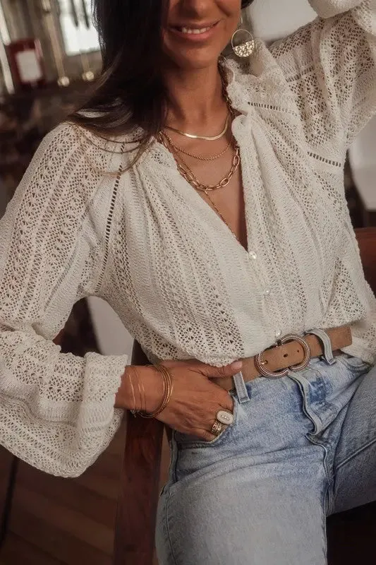 Crochet Lace Button V-Neck Knit Sweater Blouse