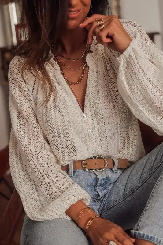 Crochet Lace Button V-Neck Knit Sweater Blouse